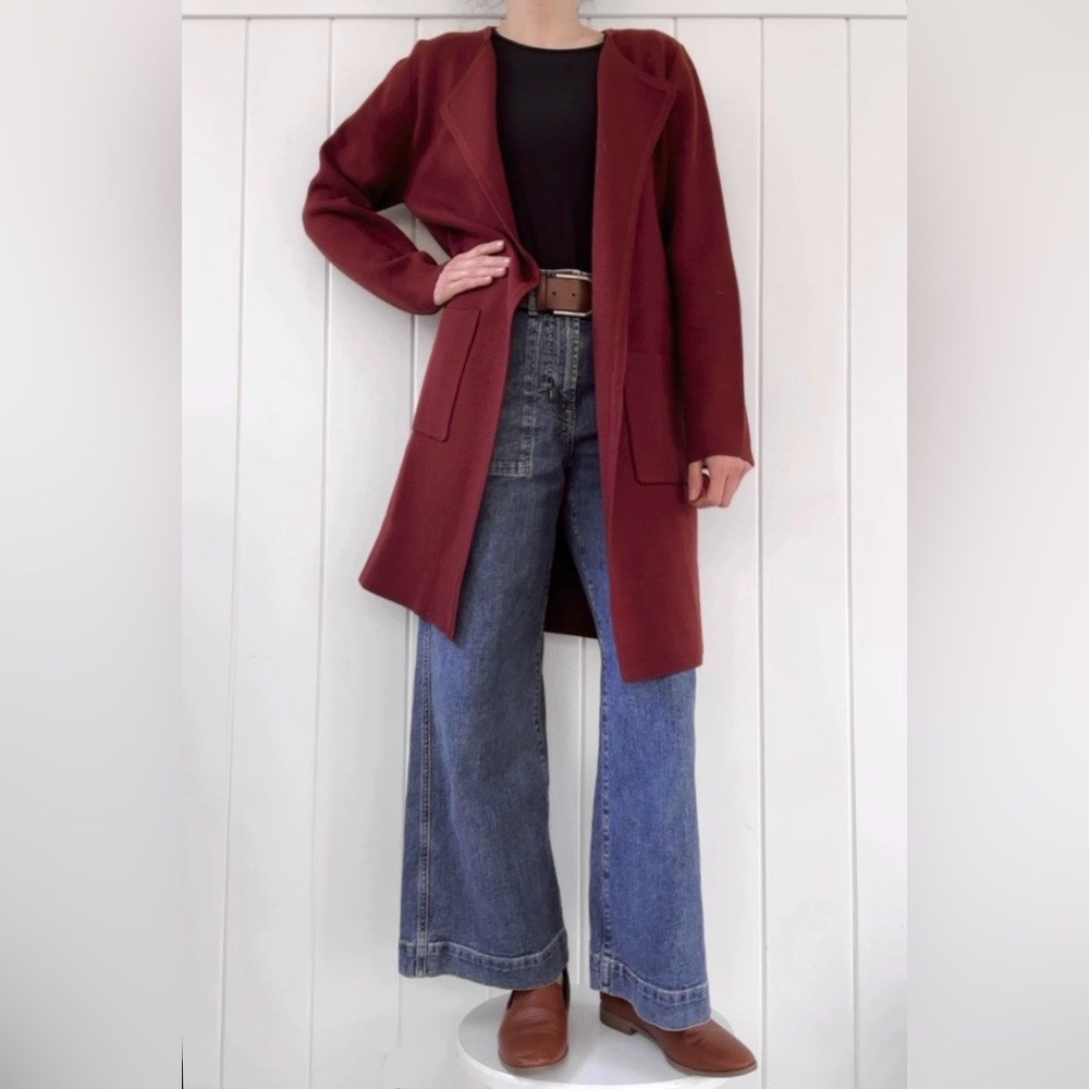 Maroon Burgundy Cardigan Lapel Sweater Long Line Minimal Women Medium M Pockets